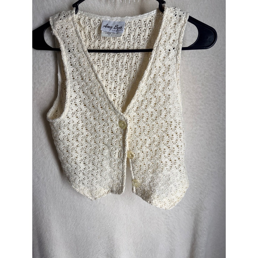 Amy Byer California Vintage Crochet Knit Vest Ivory Flower Button Cropped Large